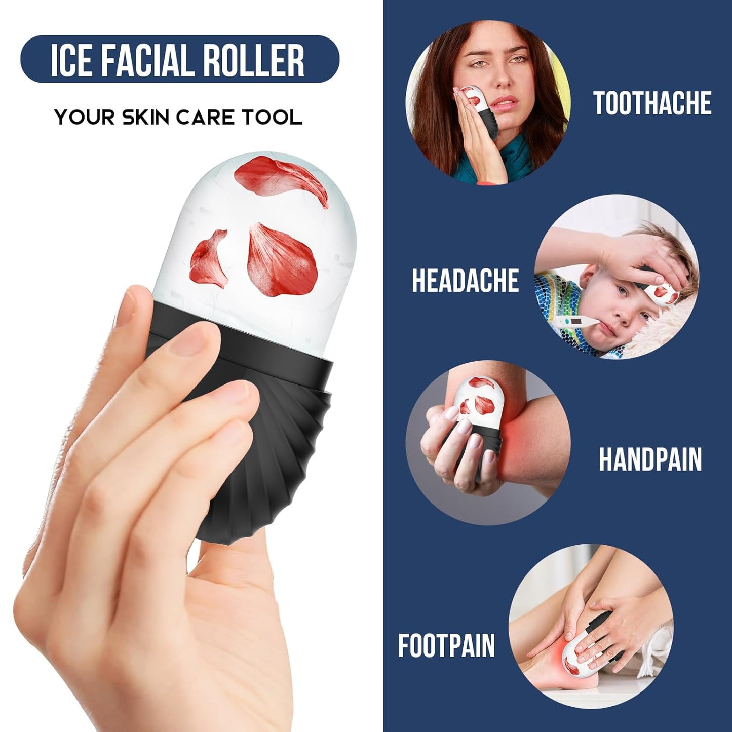 Ice Roller for Face and Eye, Reusable Silicone Ice Facial Roller Ice Holder, Face Ice Mold Skin Care, Ice Cube Roller for Shrink Pores Anti Wrinkle Reduce Puffiness, Black