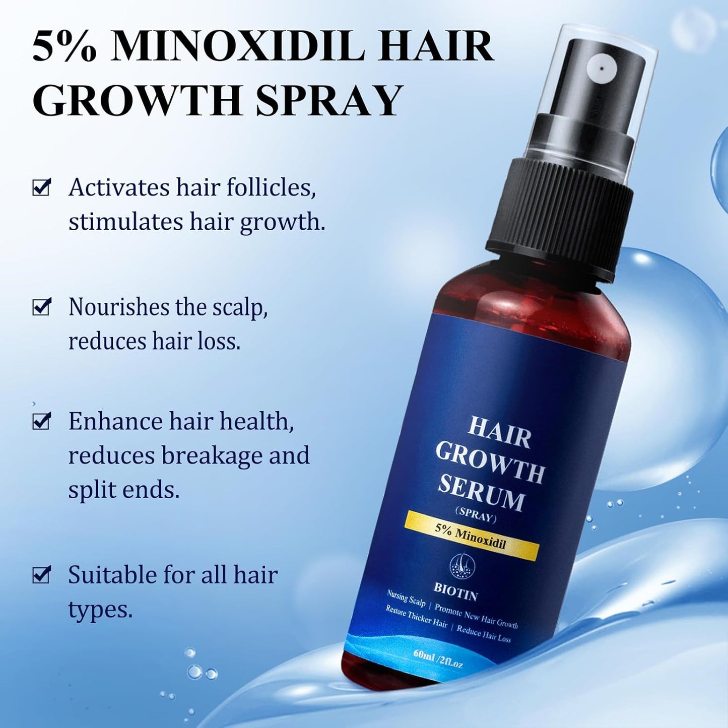 5% Minoxidil Hair Growth Spray - Minoxidil for Men and Women Hair Growth, Hair Regrowth Treatment for Stronger Thicker Hair (60ml)
