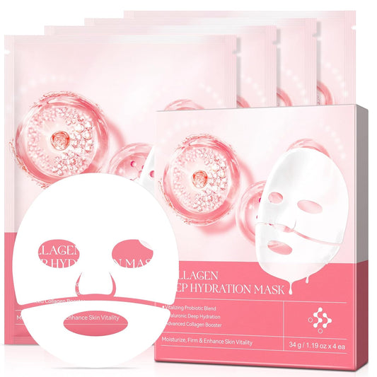Collagen Face Mask, Hydrating Overnight Hydrogel Mask, Face Masks Skincare Anti Wrinkle Moisturizing, Facial Masks for Women Skin Care Sheet Masks for Face (4ea-Pink)