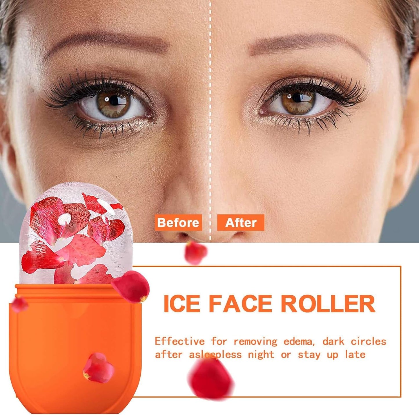 KOGITI Face Ice Roller & Mold - Beauty Facial Massage Tool for Puffiness Relief, Ice Cube Holder (New-Orange)