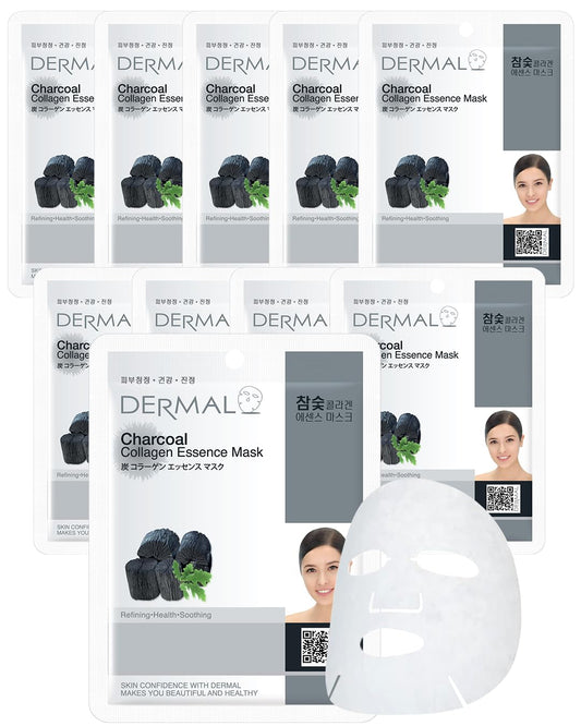 DERMAL Charcoal Collagen Essence Korean Facial Mask Sheet Pack of 10 - Pore Purifying, Boosting Moisture, Rejuvenating Clarity - Hypoallergenic Skin Friendly Sheet