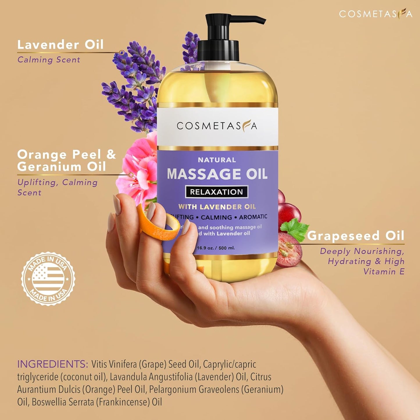Cosmetasa Lavender Massage Oil for Massage Therapy - All Natural, Cruelty-Free & Spa Quality Skin Therapy Oil, Calming & Soothing Care - Lavender, Geranium & Grapeseed Oil (16.9 oz)