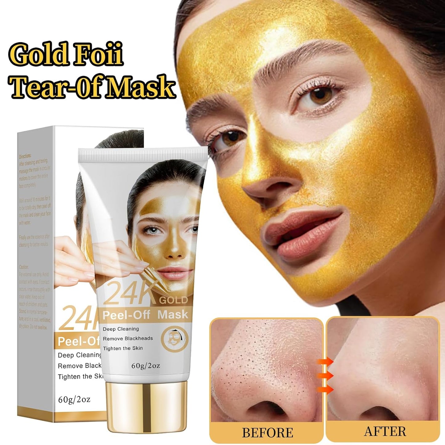 Blackhead Peel Off Mask, 24K Gold Peel Off Face Mask Blackhead Remover, Firming Peel Off Facial Mask for Face, Deep Cleaning Pore Peel Off Face Mask, Anti-Aging, Fine Lines＆ Wrinkles for All Skin