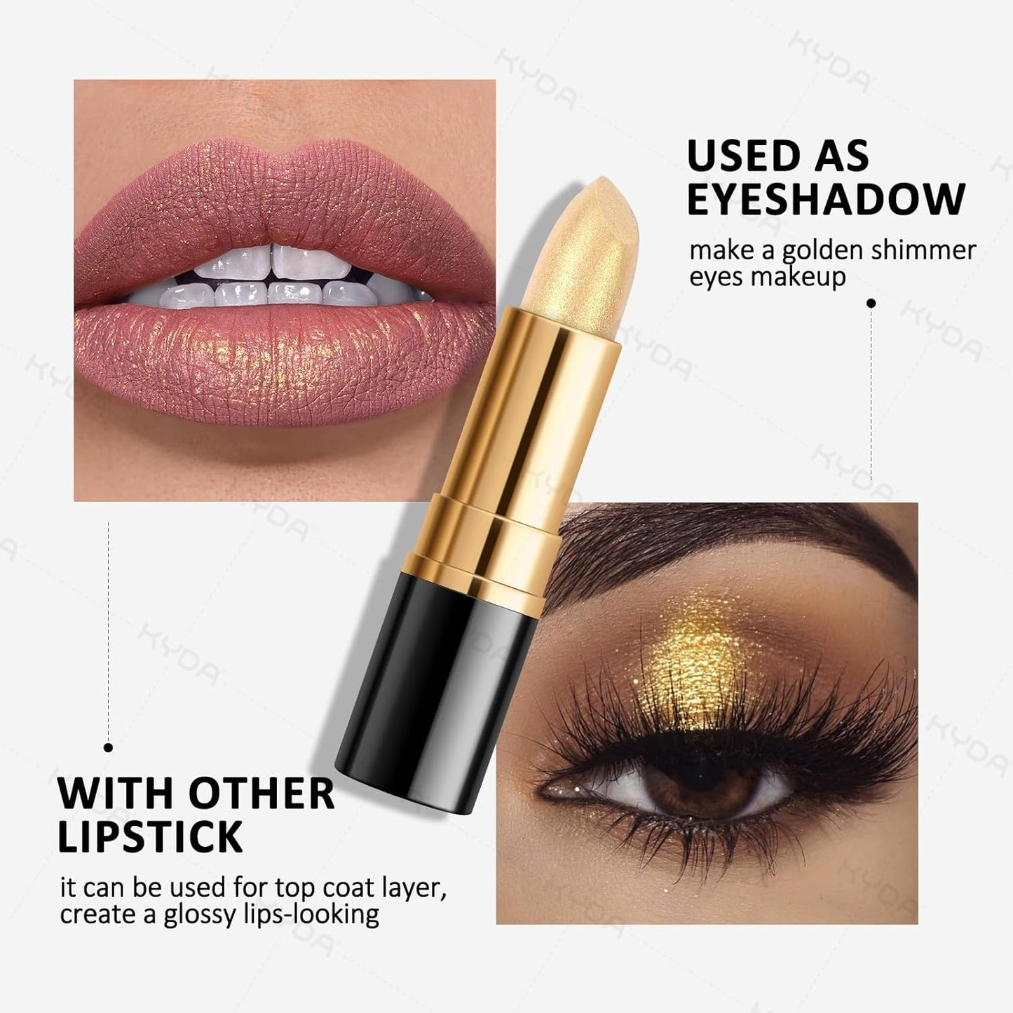 KYDA Golden Shimmer Lipstick, Metallic Pearl Lipstick, Lasting Non-sticky Glitter Lips Color, High Glossy Lips Makeup for Women, Golden Luster