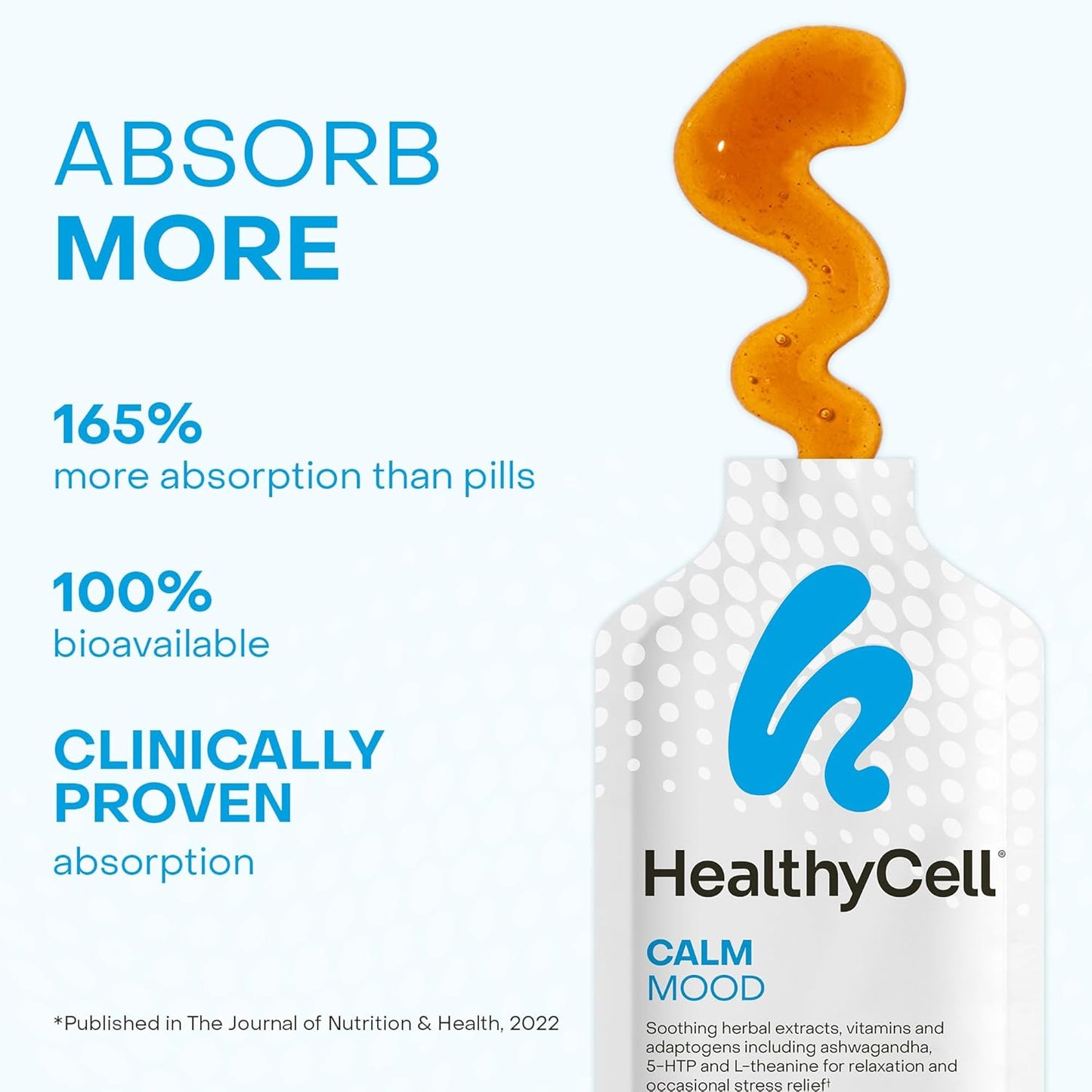 Healthycell Calm Mood Daily Liquid Supplement - Cortisol Manager & Mood Support Supplement for Stress with Ashwagandha, L-Theanine, Magnesium, 5-HTP, GABA & Saffron - 30 Gel Packs