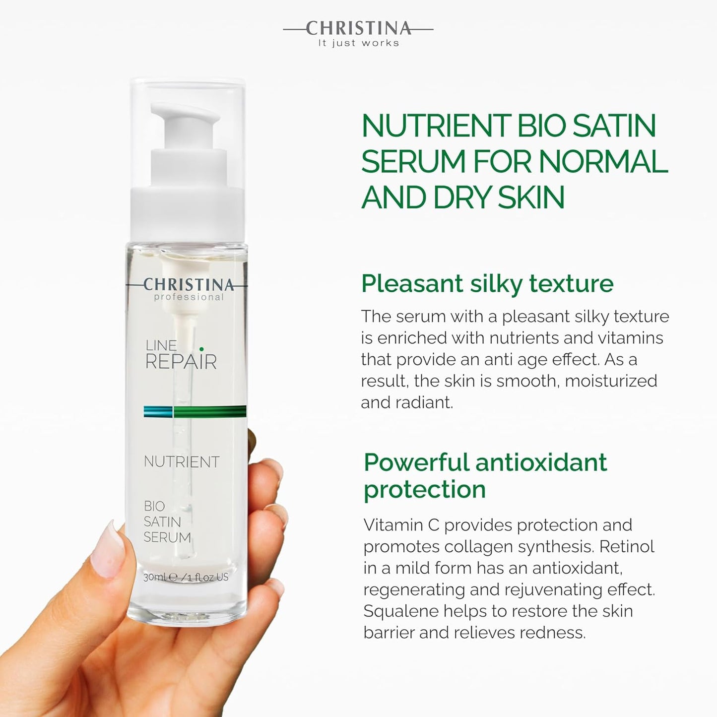 Christina Line Repair Bio Satin Vitamin C Serum for Face | Deeply Nourished Radiant Skin | Vitamin-Rich Protection | Retinol Revitalization Face Serum | For Sensitive, Normal, and Dry Skin 30ml