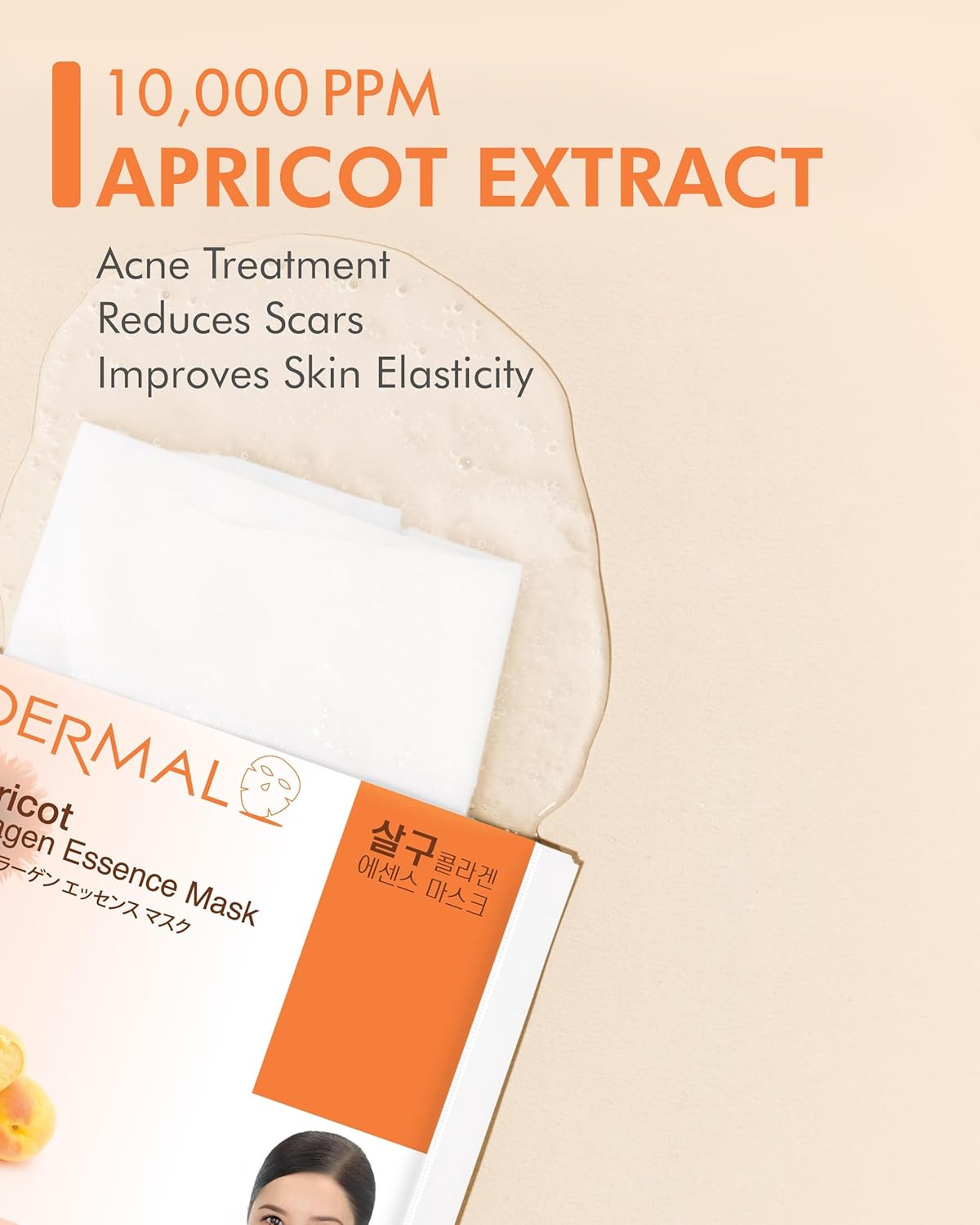 DERMAL Apricot Collagen Essence Korean Facial Mask Sheet Pack of 10 - Nourishing, Revitalizing Complexion, Skin Glow - Hypoallergenic Skin Friendly Sheet