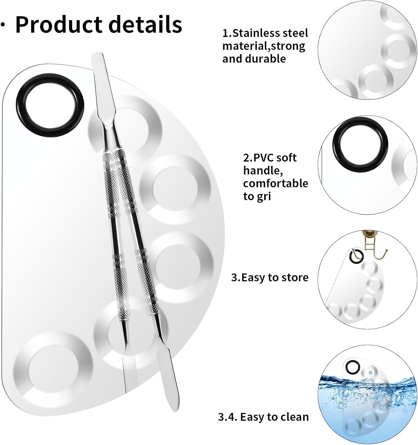 Makeup Mixing Foundation Palette Tools - Stainless Steel Nail Art Palette with Makeup Foundation Spatula Professional Cosmetic Mixing Makeup Palette Tray for Eye Shadow Eyelash Lipsticks Nail Art