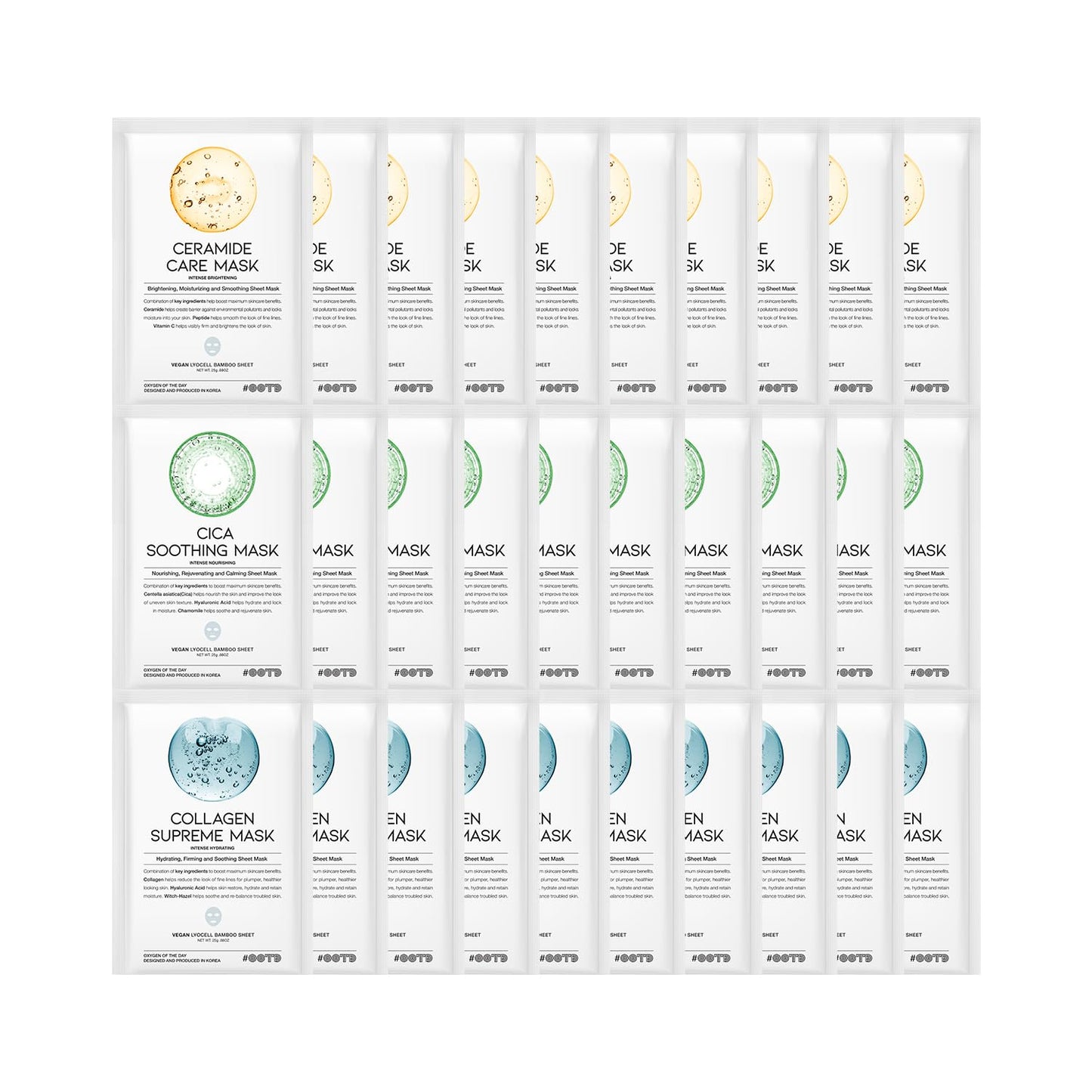 Hydrating Soothing Sheet Masks Gift Set for Skincare, Korean Vegan Sheet Mask for Dry, Sensitive Skin, Calming, Smoothing, Brightening, Collagen, Ceramide, Cica, Hyaluronic Acid 30EA