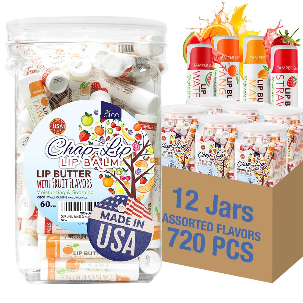 CHAP-LIP Original Lip Balm Hydrating Bulk Chap Stick with Fruit Flavors, Coconut Oil, Cocoa Butter - Christmas Gift Stocking Stuffers Lip Therapy Pack for Men and Women - Made in USA, 60 Pack x 12 Box