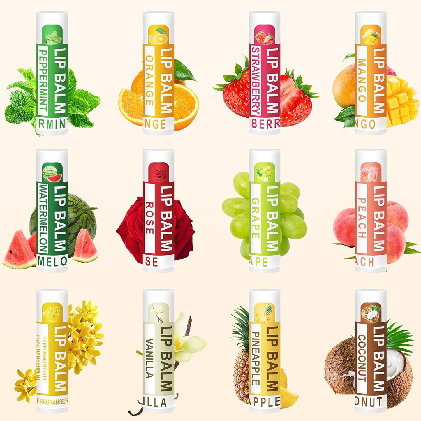 DMSKY Natural Lip Balm Bulk 24 Pack, Moisturizing Lip Balm with Vitamin E and Coconut Oil, Lip Care Product for Chapped Lips-12 Flavors