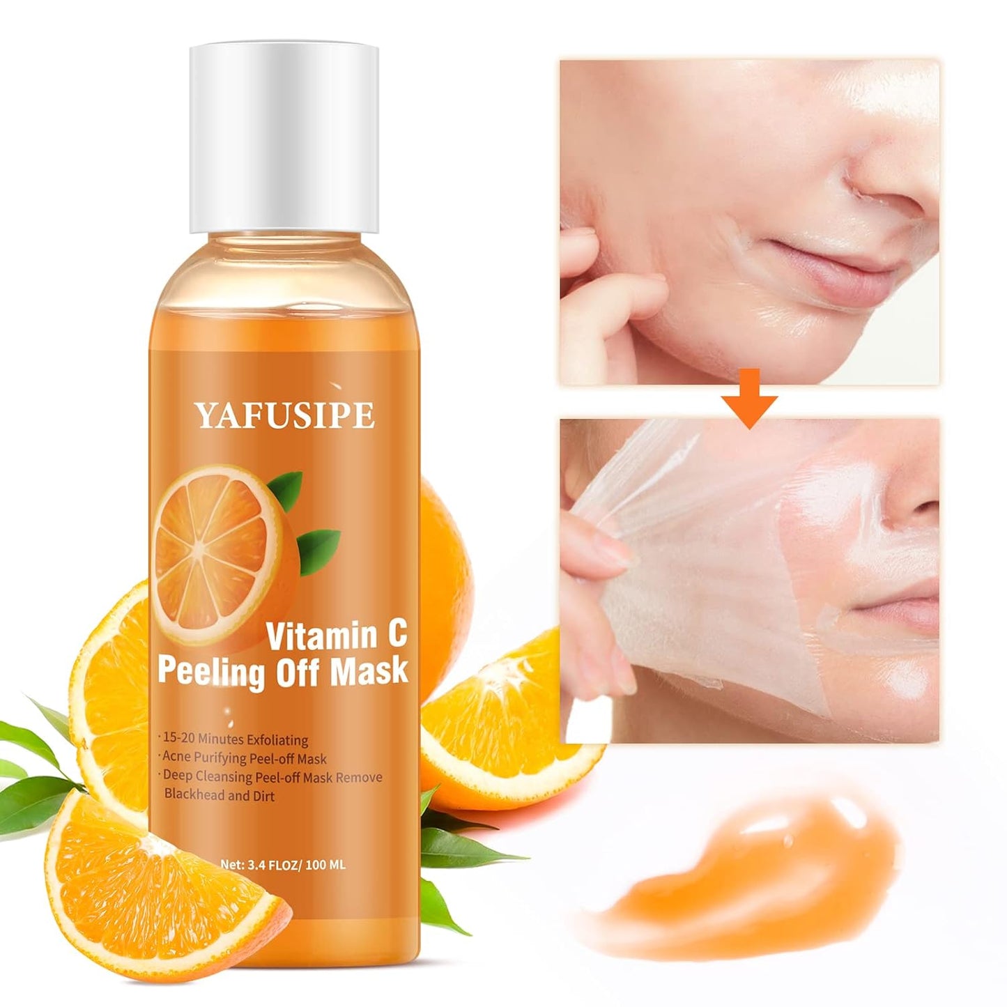 Peel Off Face Mask Vitamin C Peel Off Masks, Blackhead Mask Orange Peeling Lotion Gentle Exfoliating Blackhead Remover Poreless Deep Cleanse Purifying Hand Masks for Face Arms Neck Gifts 3.4 FLOZ