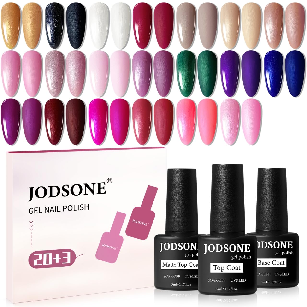 JODSONE 20 Glitter Color Gel Nail Polish Kit 3 Bottles of No Wipe Base Coat Glossy and Matte Top Coat Gel Polish Set High Shine Gorgeous