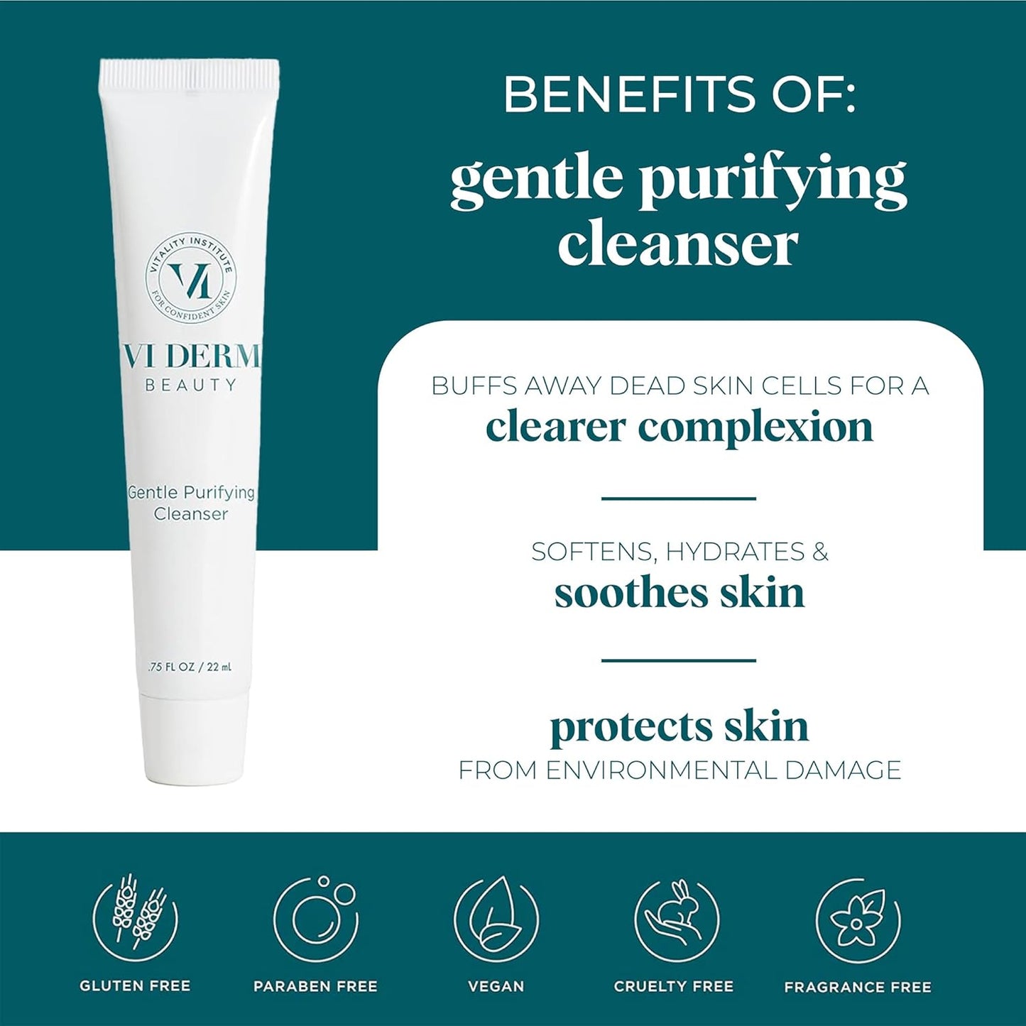VI Derm Hydrating Gentle Purifying Cleanser – Face Wash with Aloe Vera, Antioxidants, and Willow Bark, Travel Size Mini Facial Cleanser for Makeup Removal and Sensitive Skin – 0.75 Fl Oz / 22 mL