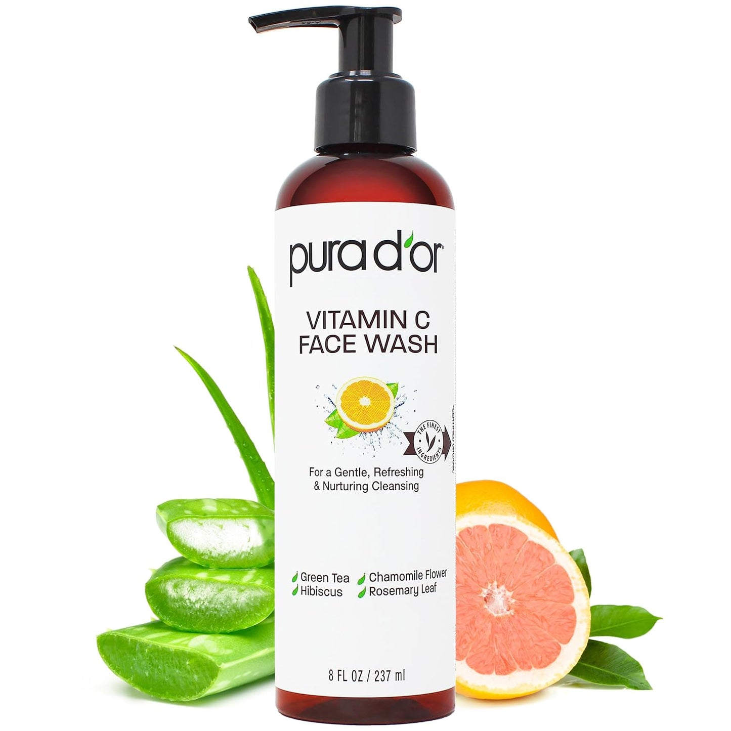 PURA D'OR 8 Oz Vitamin C Face Wash - Antioxidant Rich Facial Cleanser For Radiant Glow & Even Skin Tone - Gentle, Refreshing, Nurturing, Hydrating - Sulfate & Paraben Free - All Skin Types