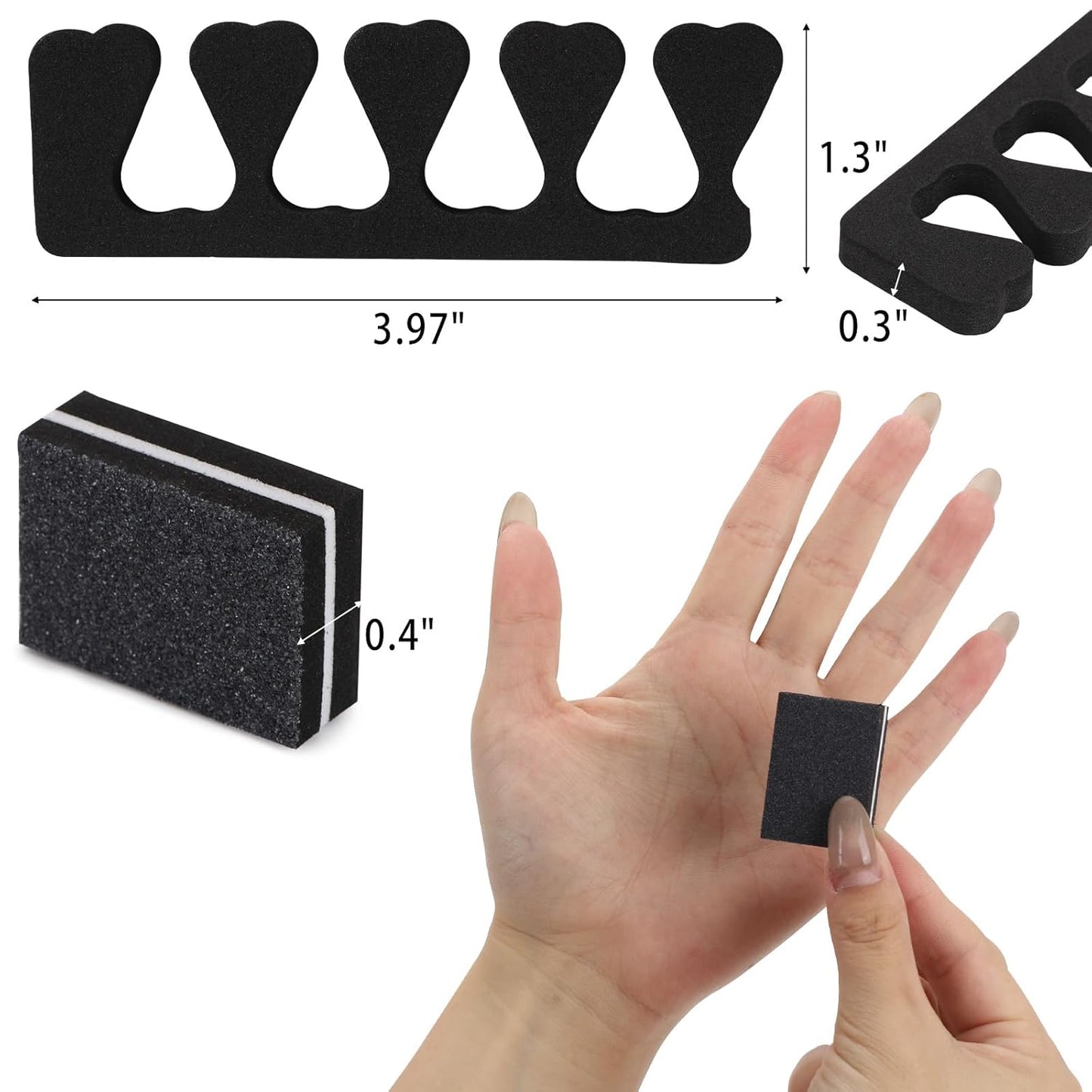 102pcs Toe Separators Set - Premium Pedicure Tool Super Soft Pedicure Toe Separator- Mini Nail Buffer Block File 80/100 Grit 2 Sided, Black