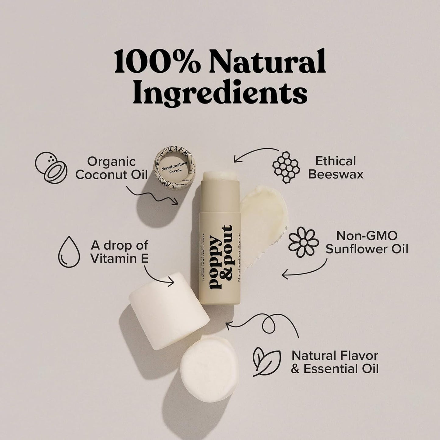 Poppy & Pout Marshmallow Creme Jumbo Lip Balm | All Natural Lip Balms & Moisturizers | Hydrates with Beeswax, Vitamin E, Organic Coconut Oil | Cruelty-Free | Lip Balm in Recyclable Cardboard Tube