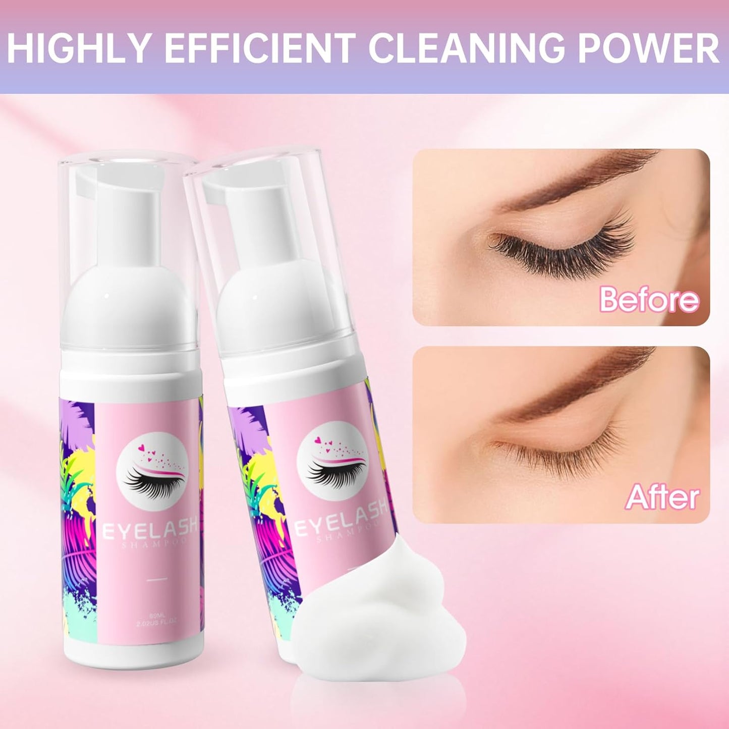 Buqikma Lash Cleaning Kit - 2PCS Lash Shampoo Eyelash Wash Kit with Fan Dryer Rinse Bottle for Eyelash Extensions Cleanser Mascara Remover Cleaning Brush for Lashes Extension Cleaner at Home Salon