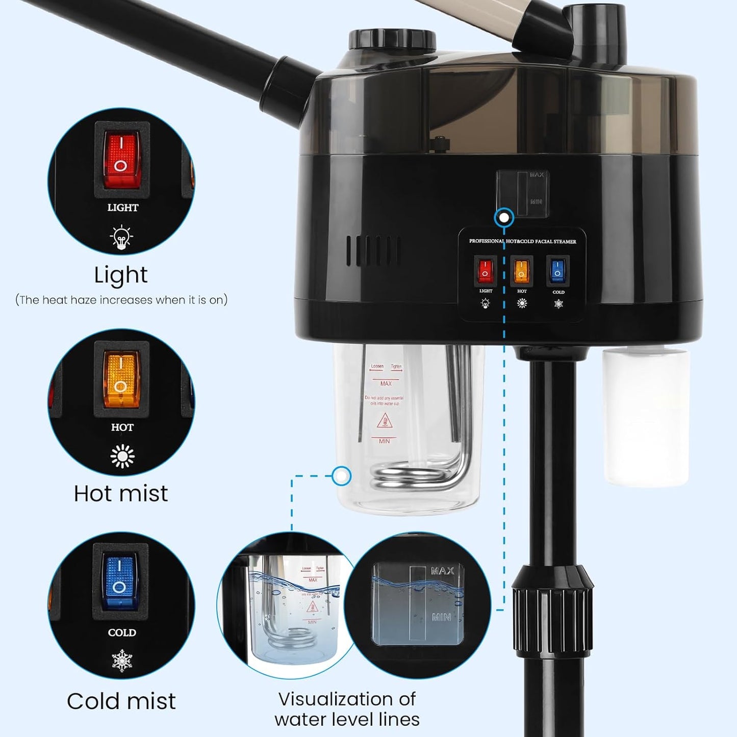 Professional Facial Steamer, 2 in 1 Hot&Cold Mist Facial Steamer, Facial Humidifier on Wheels, Esthetician Steamer for Facial Deep Cleaning and Moisturize, Suitable for Spa, Salon and at Home Use