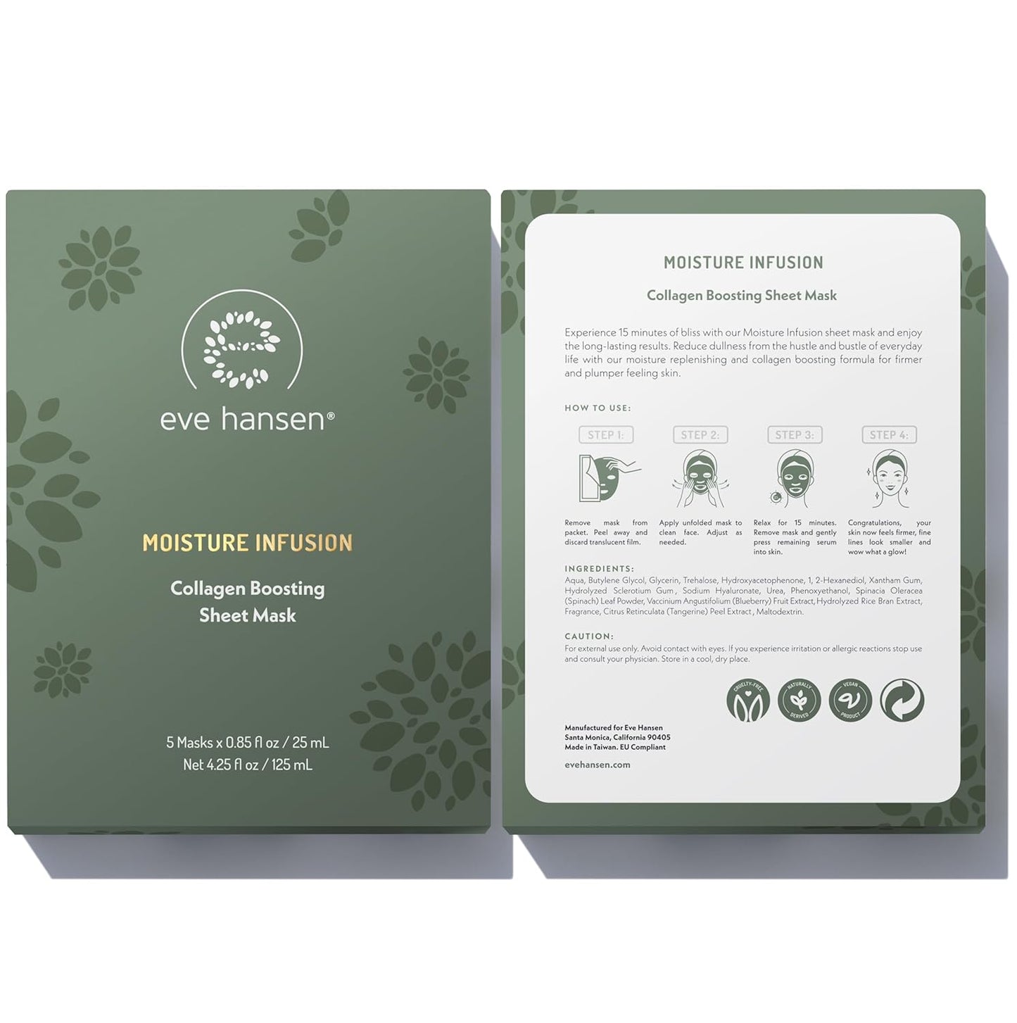 Eve Hansen Collagen Face Mask Sheets Set of 5 – Hydrating & Nourishing Care for All Skin Types – With Hyaluronic Acid, Tangerine Peel, Blueberry Extract & Spinach Leaf