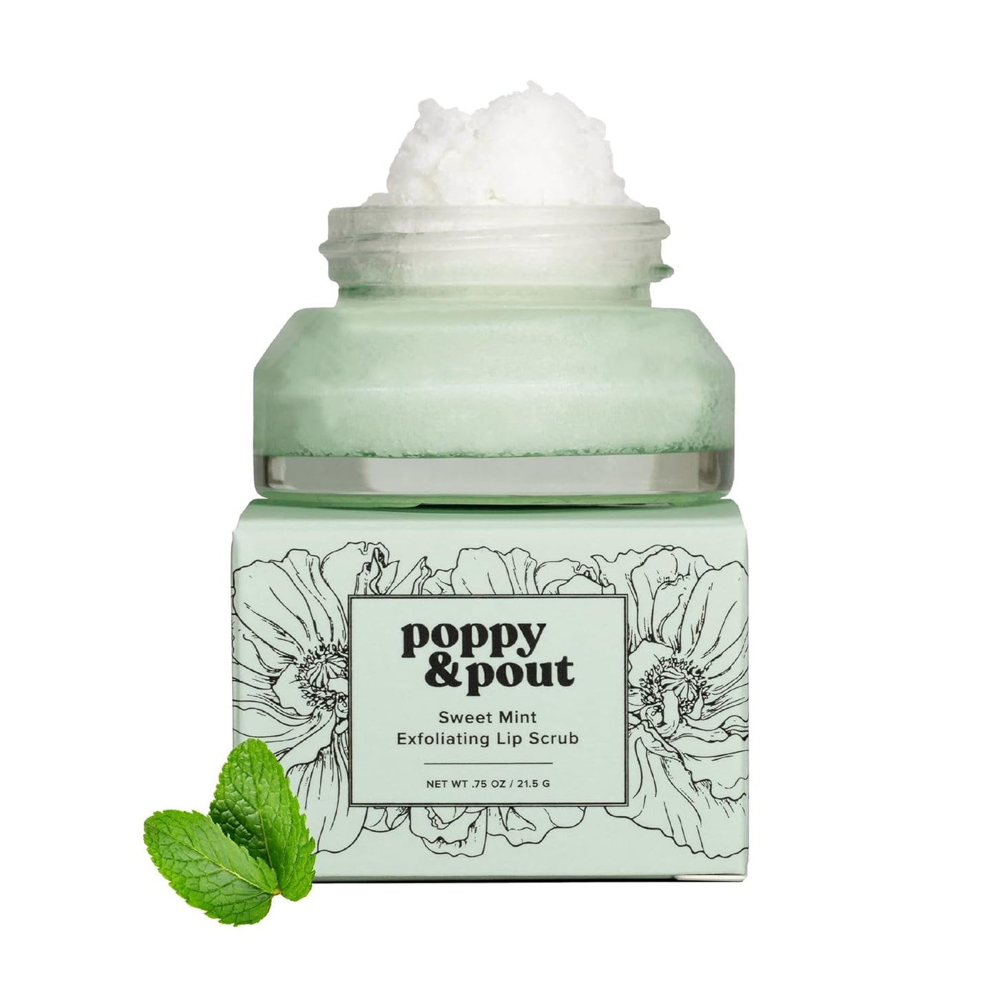 Poppy & Pout Natural Lip Scrub, Moisturizing Sugar Scrub for Dry Lips, Lip Scrubber Exfoliator with Essential Oils Smooths and Hydrates Lips, In Recyclable Glass Jars, Cruelty Free - Sweet Mint