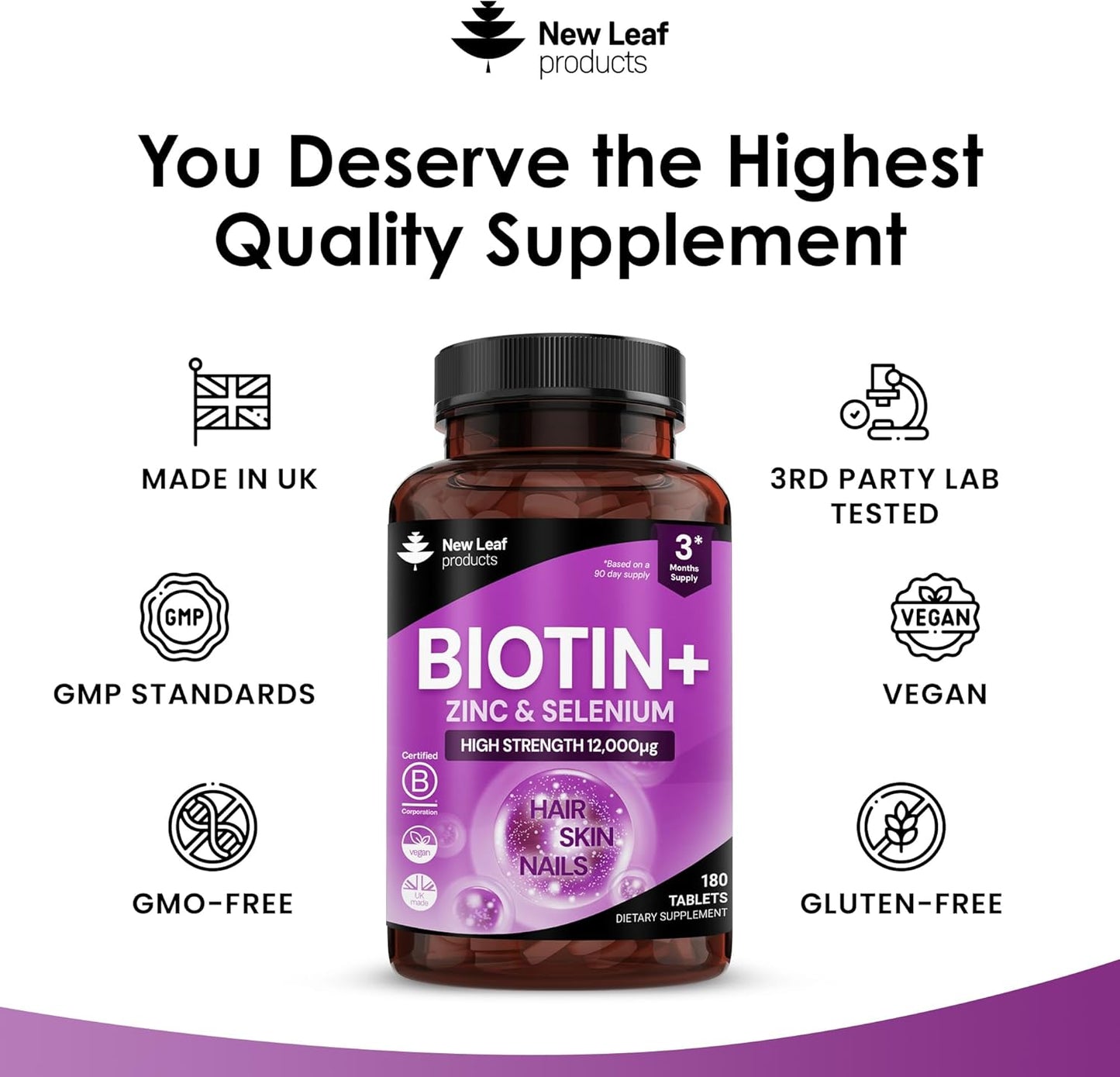 Biotin Hair Growth Vitamins 12000mcg High Strength with Coconut Oil - Promotes Healthy Hair Skin & Nails - Biotin Vitamins for Women& Men Vegan, Gluten Free Supplements - Made in The UK by New Leaf