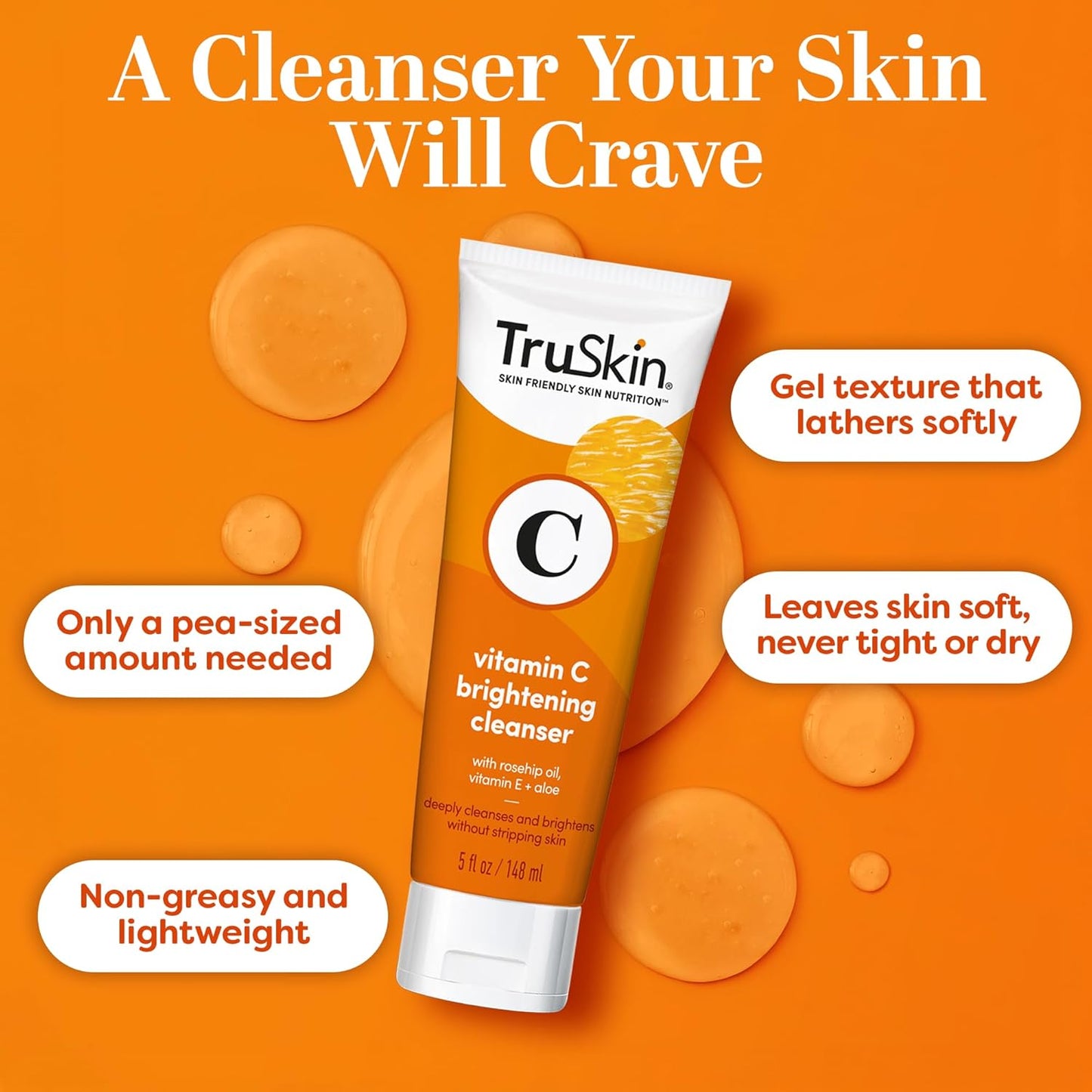 TruSkin Vitamin C Cleanser for Face - Brightening Face Wash with Vitamins C & E, Rosehip Oil, Aloe Vera and MSM - Deep Clean and Refresh for Radiant, Healthy-Looking Skin, 5 fl oz