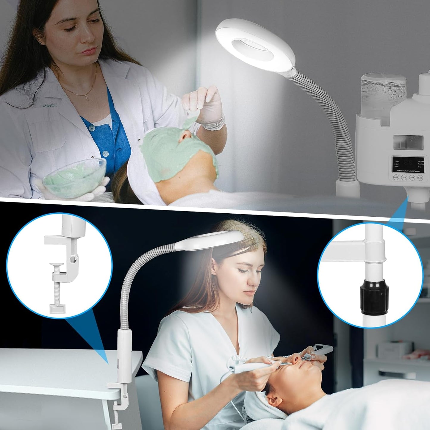 Pro Rolling Facial Steamers for Face Professional 3 in 1 Facial Steamer Humidifier with 5X Mag Lamp,Face Steamer Standing Warm Cold Mist Digital LCD Screen for Home Salon Spa