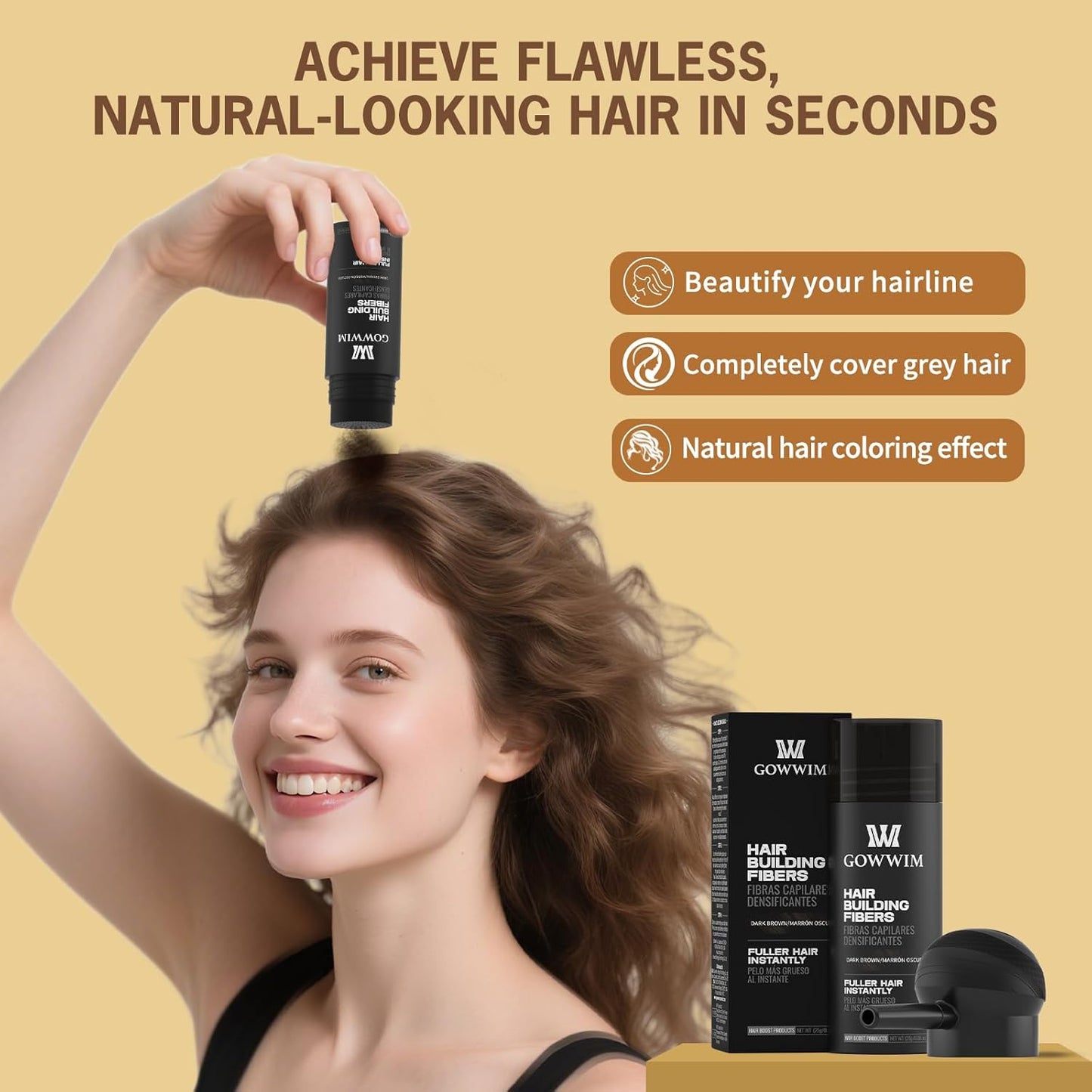 gowwim Hair Thickening Fibers 2-in-1 Kit Keratin Building Fibers, Spray Applicator & Hold Spray - Instantly Volumize Sparse Areas (Mid brown)