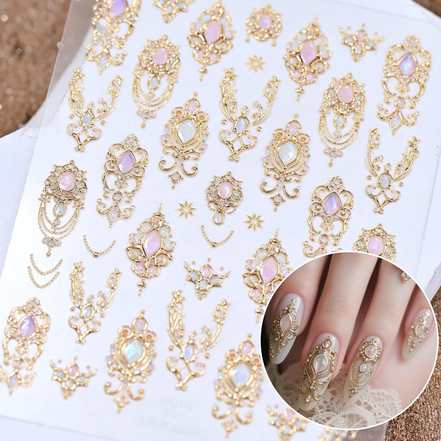 1 Sheets Gold Nail Stickers for Nail Art Holographic Laser Embossed Nail Art Stickers Gems Designs Nail Decals 5D Self-Adhesive Summer Fall Nail Decoration for Women Nail Supplies
