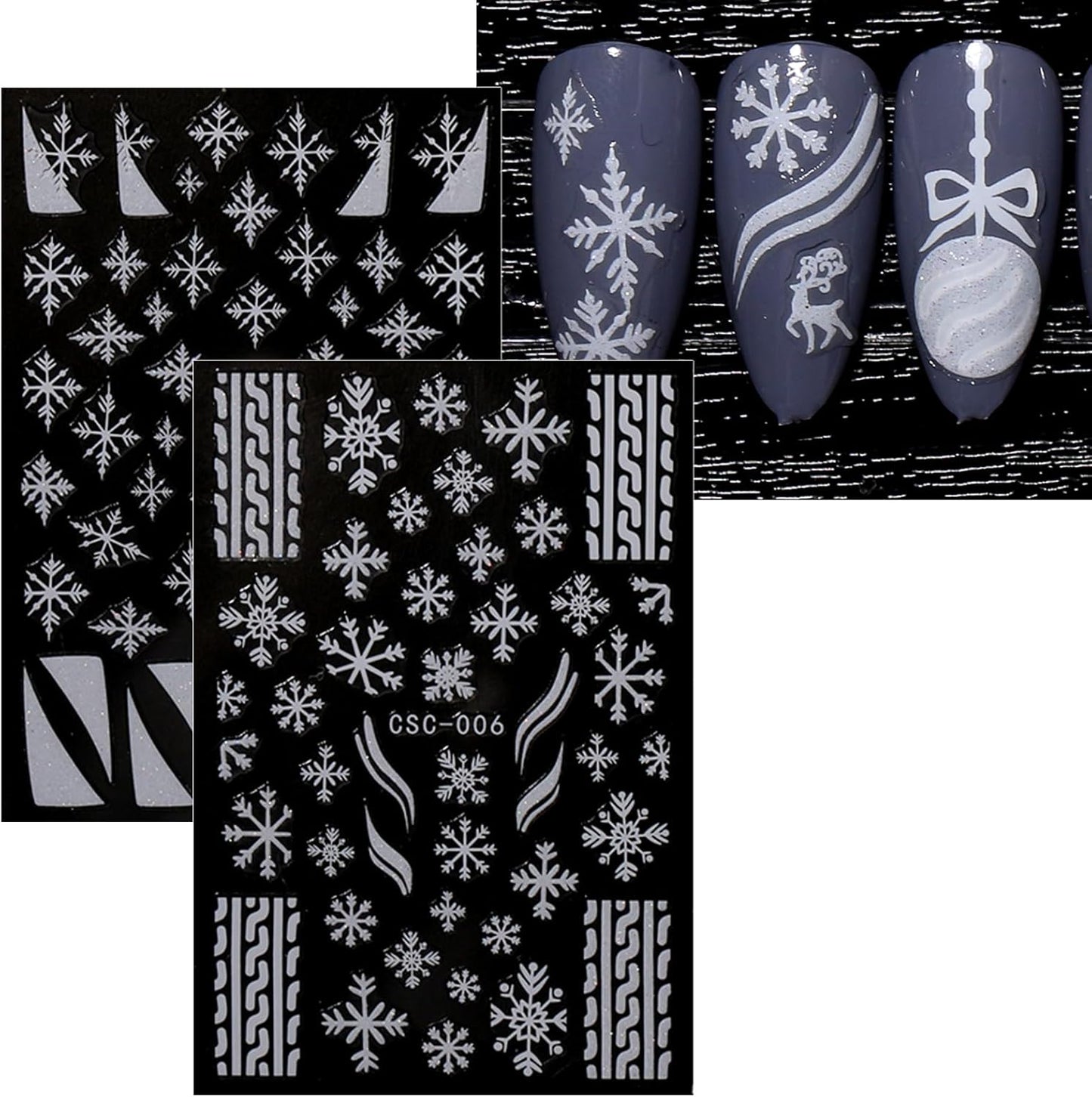 JMEOWIO 8 Sheets Christmas Glitter Nail Art Stickers Decals Self-Adhesive Cute Snowflake Winter Holiday White Nail Supplies Nail Art Design Decoration Accessories