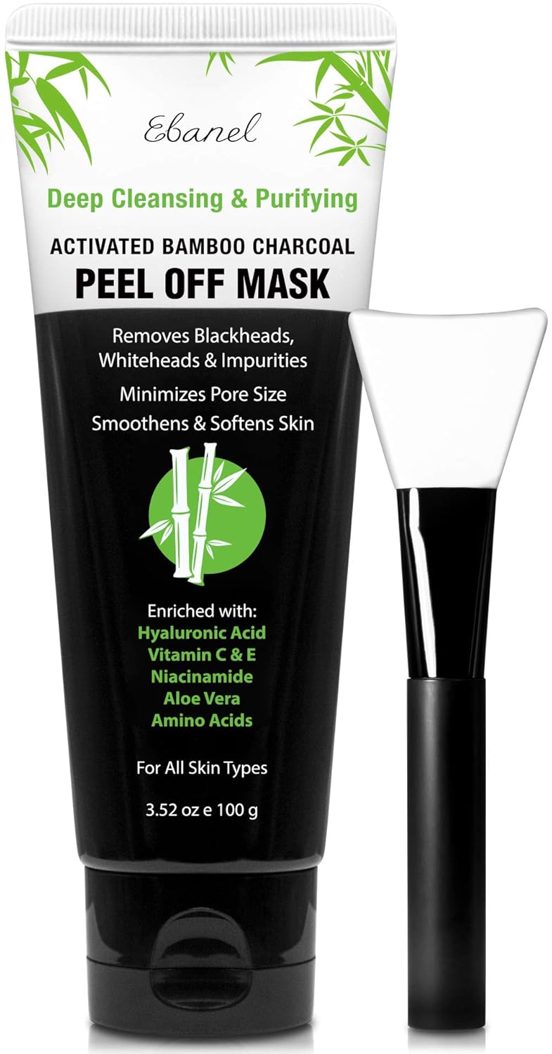 Ebanel Charcoal Peel Off Face Mask Applicator Set, Deep Pore Cleansing Minimizer Blackhead Remover with Niacinamide, Hyaluronic Acid, Vitamin C, Green Tea, Deep Cleanse Black Masks Peel Off Gel Mask