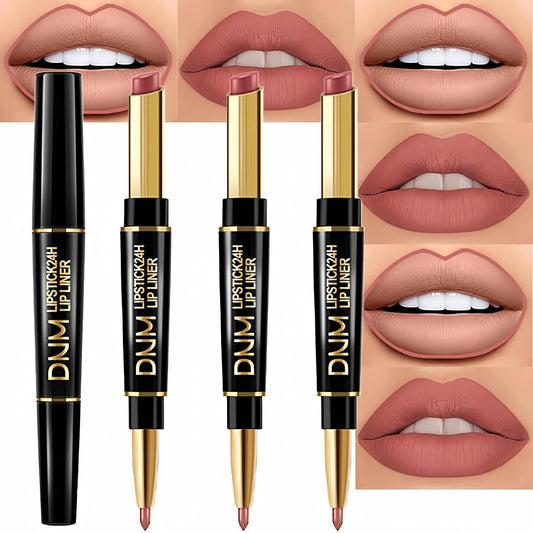 evpct 3Pcs Dusty Antique Rose Lip Liner and Lipstick Set Kit for Women Nude Beige Mauve Matte Fall Lipstick Shades Set Lip Stain Long Lasting Lipstick 24 hour Waterproof and Lip Liners Pencil Set