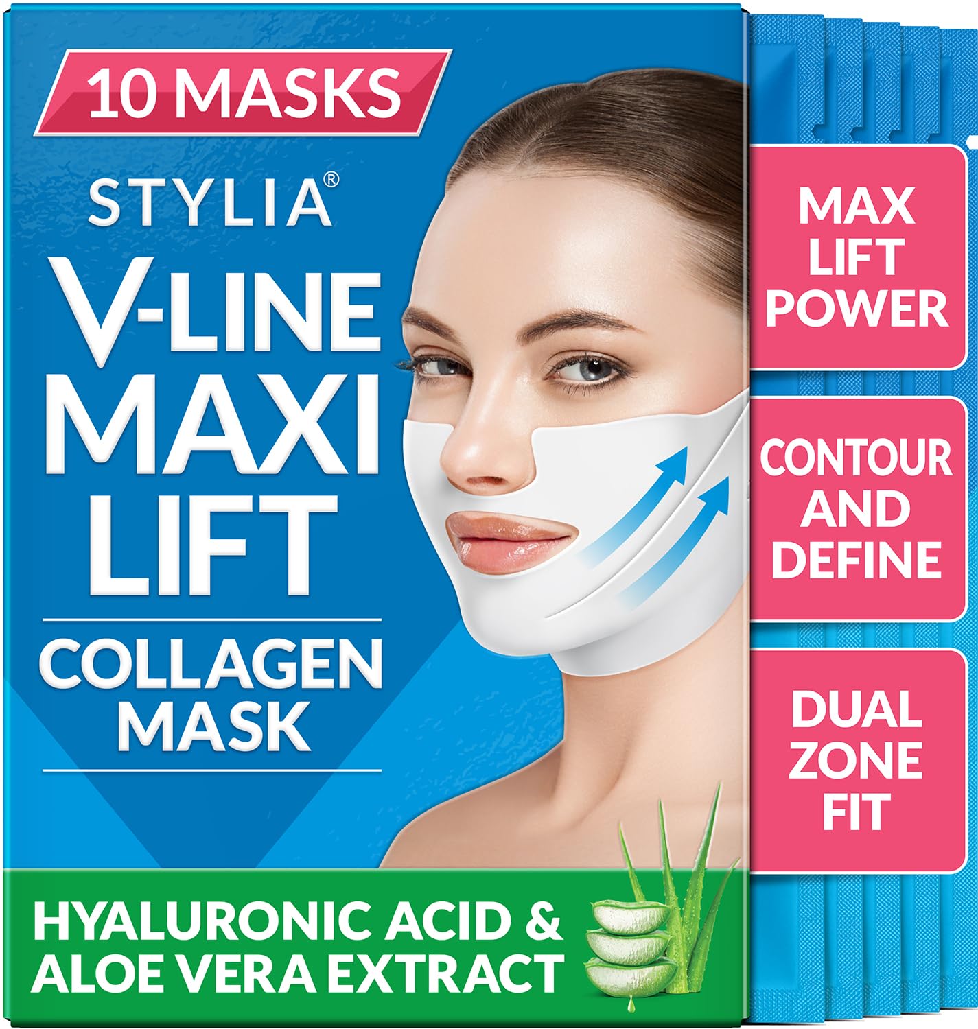 Stylia MaxiLift V-Line Lifting Collagen Face Mask – Enhanced Double Chin Reducer – Jawline Shaper Face Lifting Masks – Firming Neck Lift Collagen Mask – Chin Strap for Sleeping – Hyaluronic Aloe 10PC