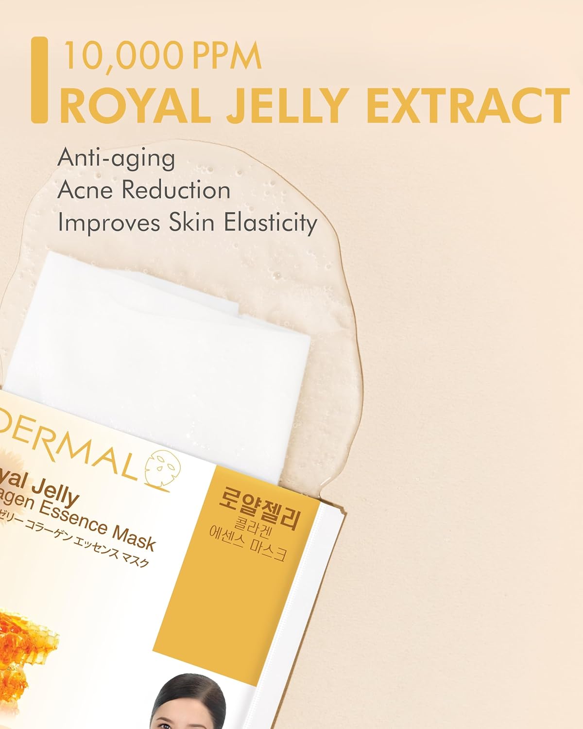DERMAL Royal Jelly Collagen Essence Korean Facial Mask Sheet Pack of 10 - Intensive Moisture Therapy for Stress-Relief and Skin Elasticity - Hypoallergenic Skin Friendly Sheet