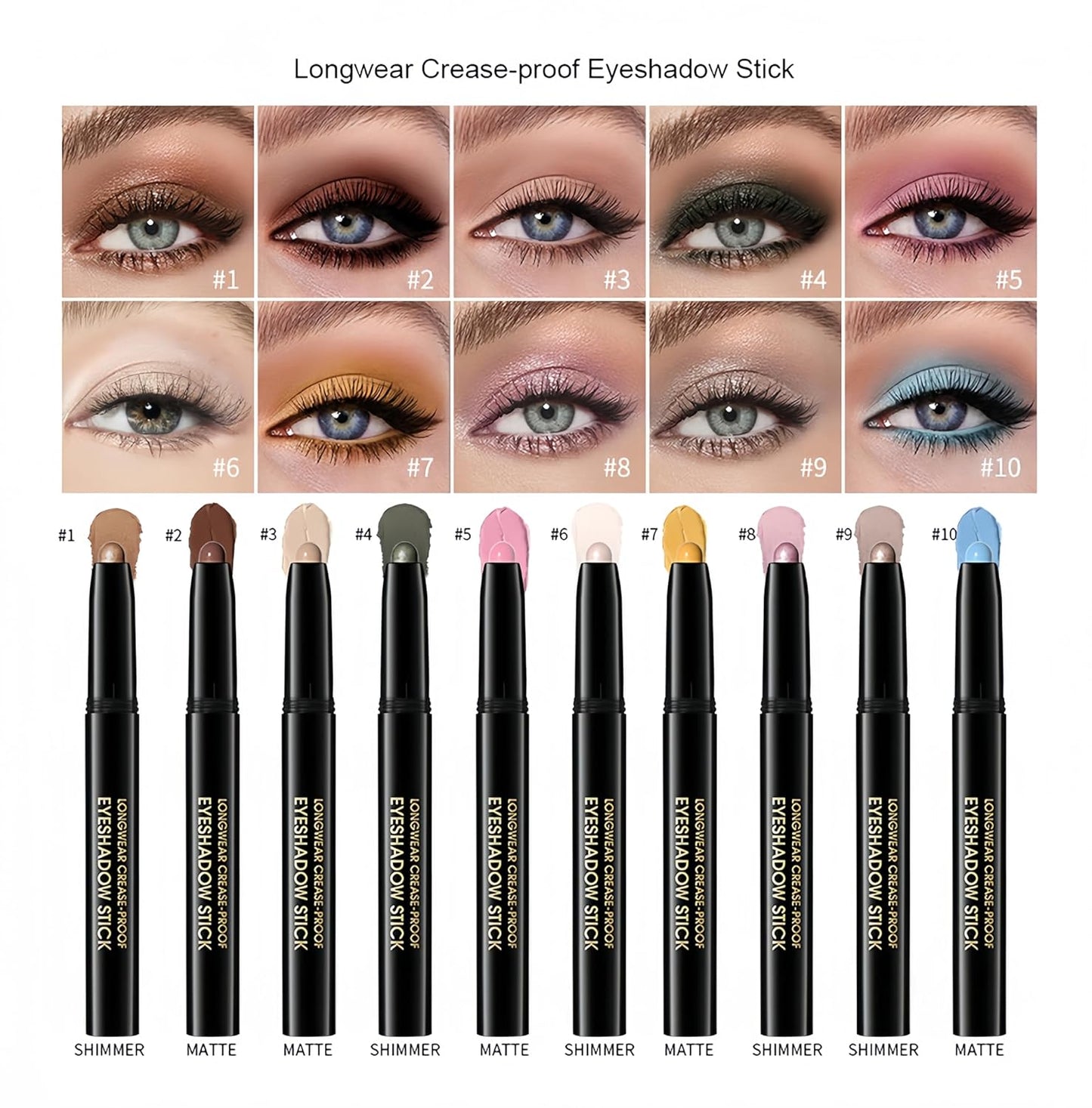 MAEPEOR 10 Colors Cream Eyeshadow Stick Silky Smooth Matte Shimmer Eyeshadow Pen Waterproof and Long Lasting Shadow Pencil for Girls and Women (Color 02)