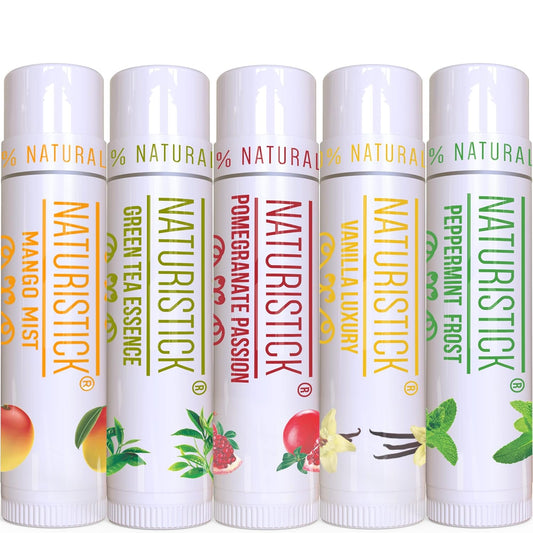 Naturistick Premium Beeswax Lip Balm for Dry, Chapped Lips | 100% Natural Lip Care | Coconut Oil, Shea Butter, Aloe Vera | Moisturizing Chapstick | Chemical-Free | 5 Pack Assorted Scents | Made in USA
