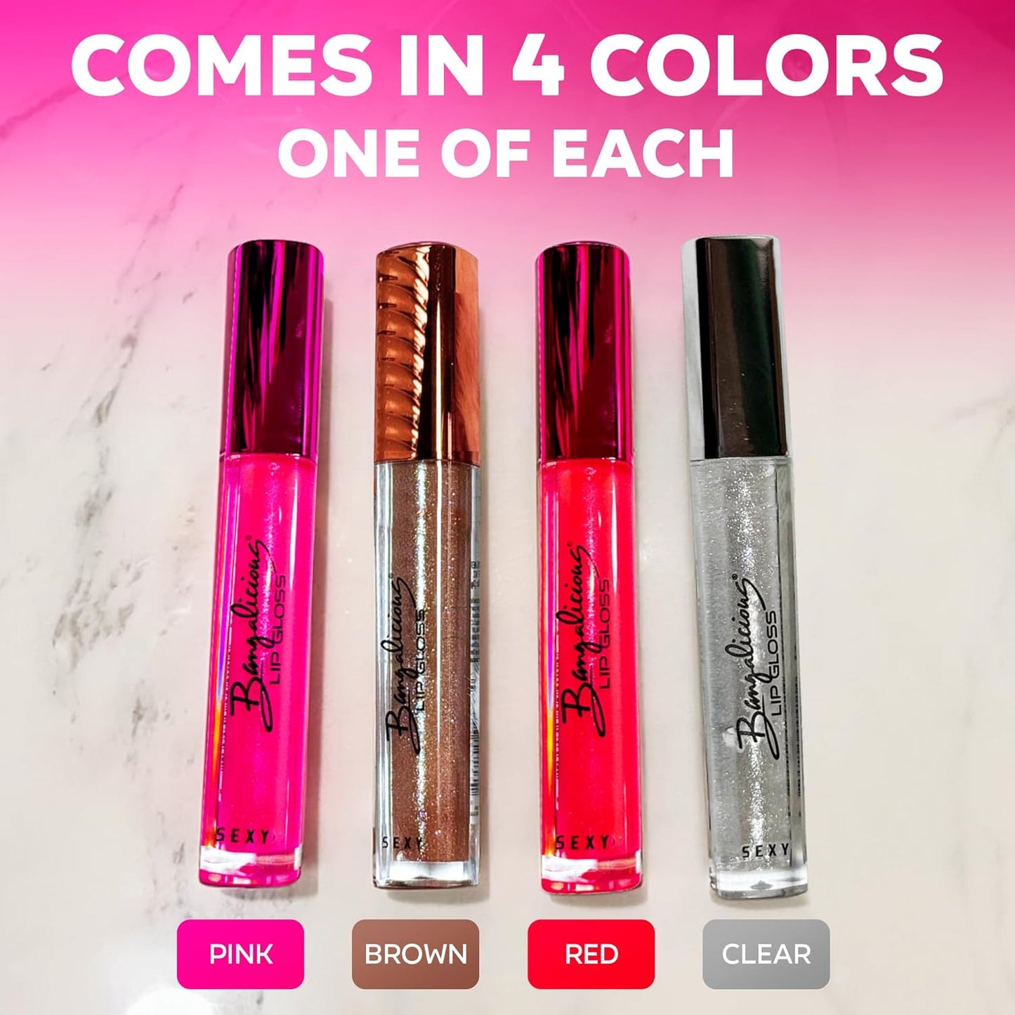 Lip Gloss for Women – Hydrating, Vitamin E Infused – Smooth Application, Clean Formula – Clear, Pink, Red & Brown Lipgloss, 4 Pack