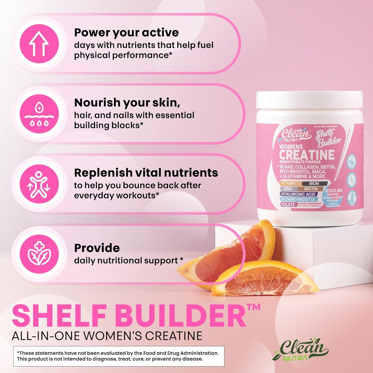Creatine for Women | Creatine Monohydrate + BCAA Powder Myo-Inositol Collagen Biotin Hyaluronic Acid Folate L Glutamine Vitamin D3 Iron Zinc D-Chiro-Maca Digestion Shelf Builder by Clean Nutra