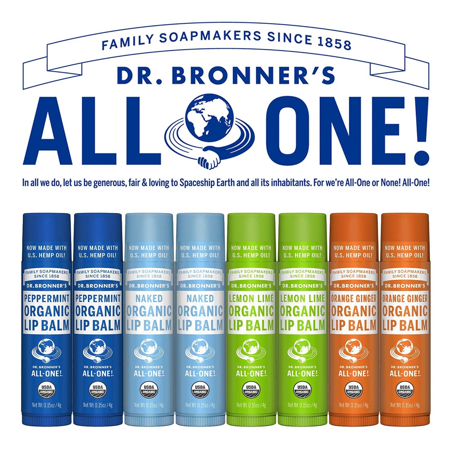 Dr. Bronner's - Organic Lip Balm Variety Peppermint, Orange Ginger, Naked, Lemon Lime) - Made with Organic Beeswax and Avocado Oil, For Dry Lips, Hands, Chin or Cheeks, 0.15 Ounce (Pack of 4)