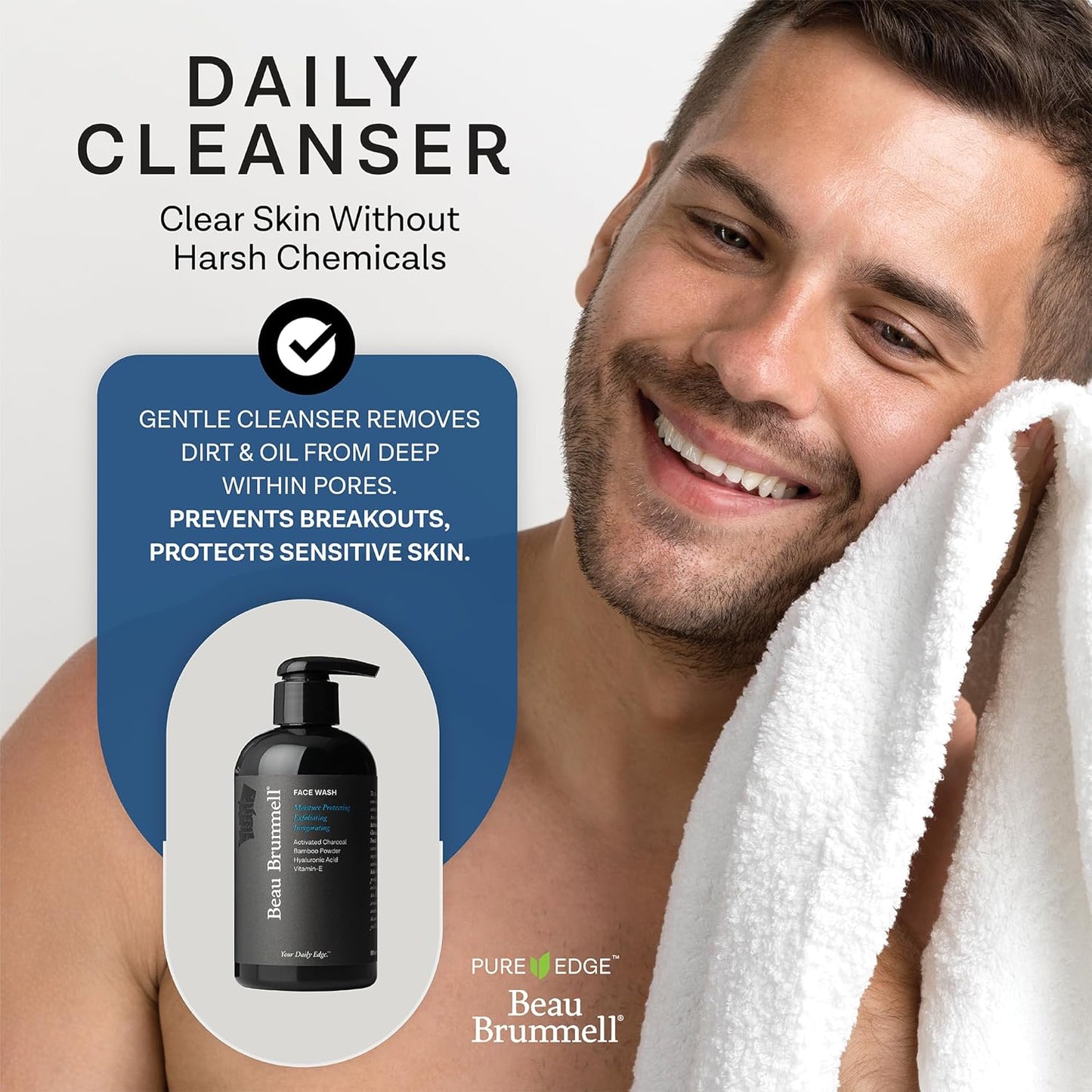 Beau Brummell for Men's Activated Charcoal Face Wash | Gentle Exfoliating Cleanser with Hyaluronic Acid, Bamboo Powder, Marine Plankton Extract, Vitamins A & E | 8 fl oz, Made in USA