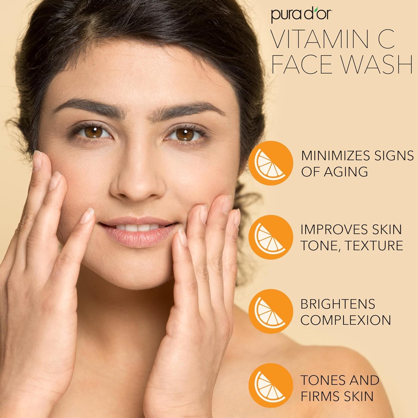 PURA D'OR 8 Oz Vitamin C Face Wash - Antioxidant Rich Facial Cleanser For Radiant Glow & Even Skin Tone - Gentle, Refreshing, Nurturing, Hydrating - Sulfate & Paraben Free - All Skin Types