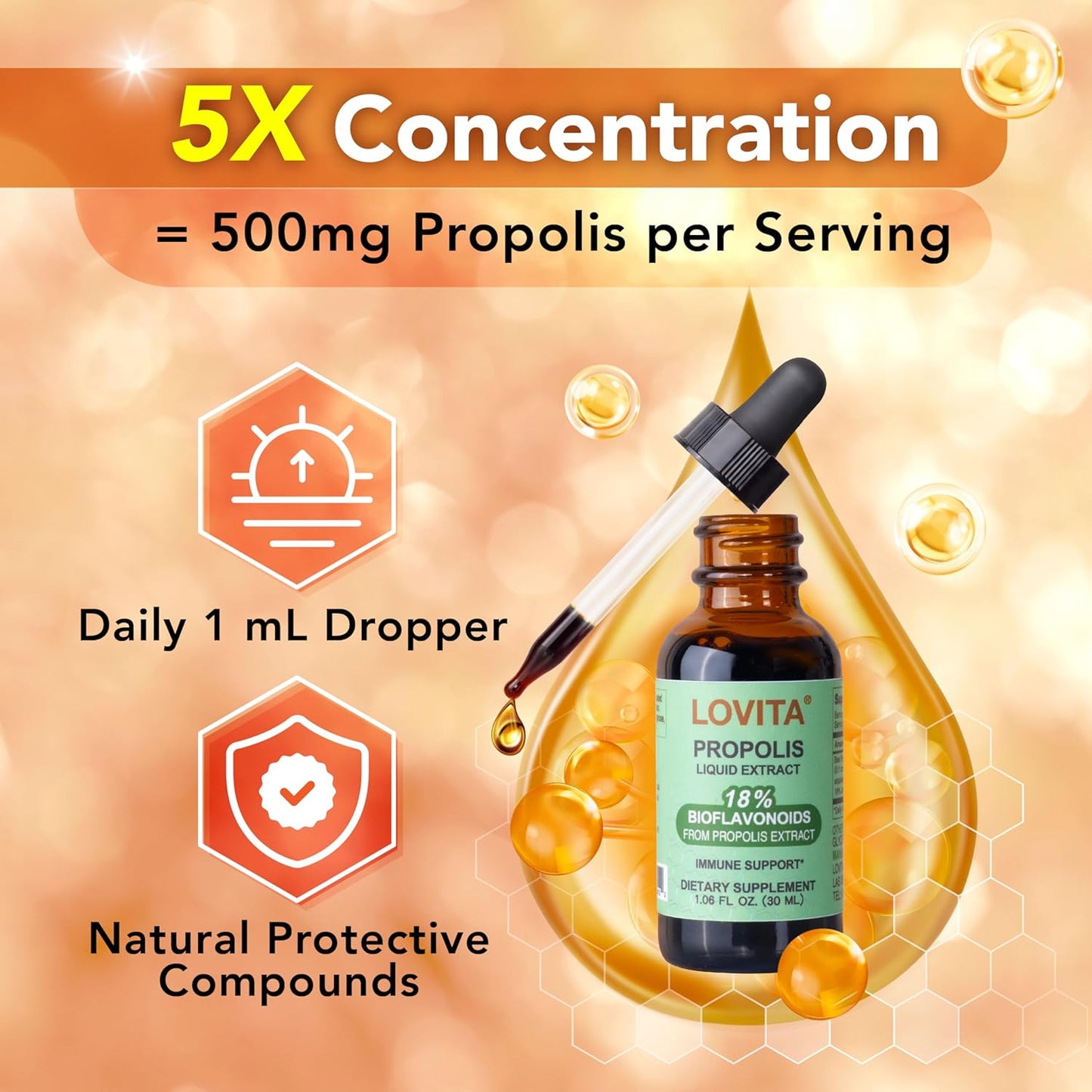Lovita Bee Propolis Liquid Extract 500mg, 5:1 Resin Drops with 18% Bioflavonoids, Alcohol-Free Antioxidant, Immune Support & Throat Soothing, Gluten-Free, Non-GMO, 1 Fl Oz (30 mL), 30 Day Supply