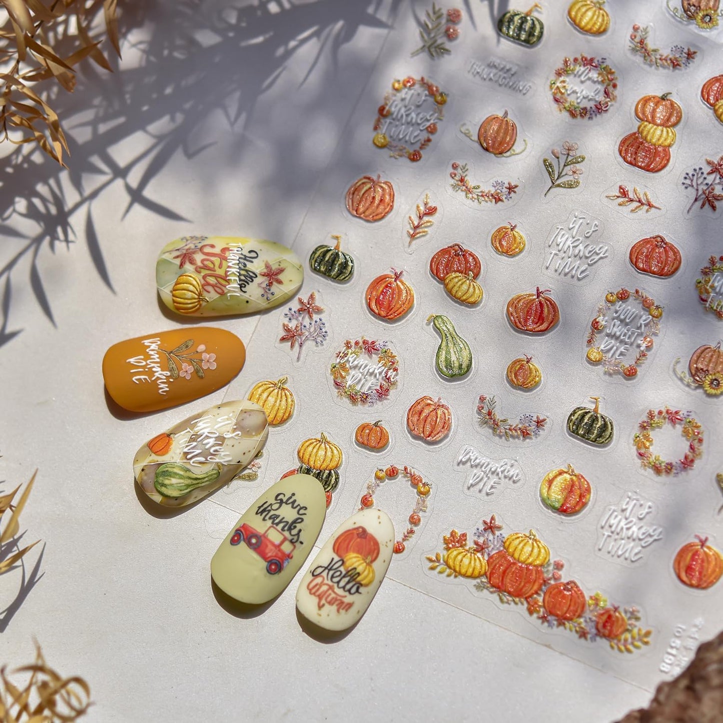 1 Sheets Embossed Pumpkin Nail Decals for Nail Art Thanksgiving Day Fall Nail Stickers 5D Self-Adhesive Autumn Leaf Nail Art Stickers Cute Pumpkins Nail Decal for Women DIY Manicure Decor