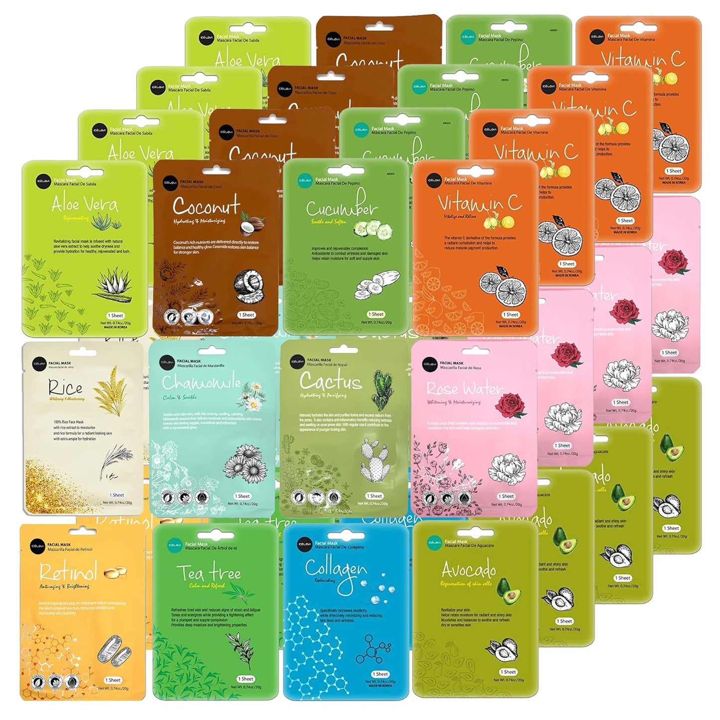Celavi Essence Facial Face Mask K-Beauty Skincare Korea Skin Care Moisturizing 48 Pack B Set
