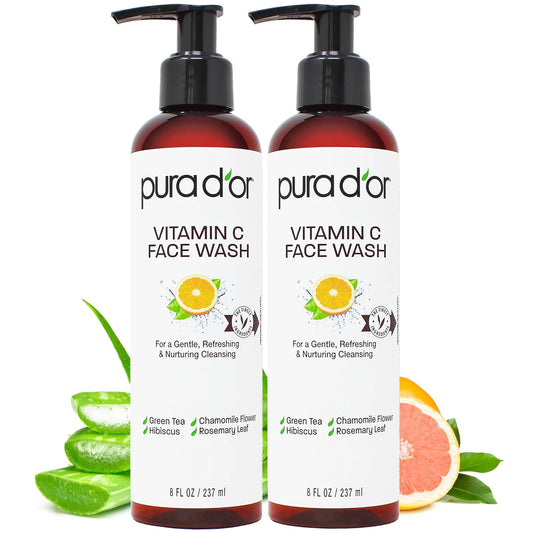 PURA D'OR Vitamin C Face Wash (8oz x2 = 16oz) Antioxidant Rich Facial Cleanser For Radiant Glow & Even Skin Tone - Gentle, Refreshing, Nurturing, Hydrating, Sulfate & Paraben Free Formula