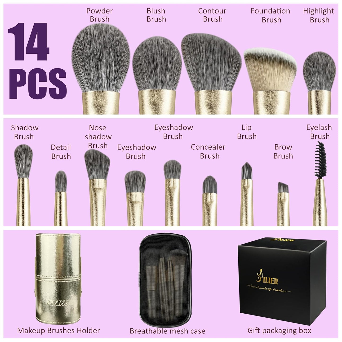 Jilier Travel Makeup Brush Set, 14 pcs Mini Makeup Brushes for Foundation, Powder, Eyeshadow, Highlight, Contour, Blush & Concealer, Small Makeup Brush Set Purse Size with Case