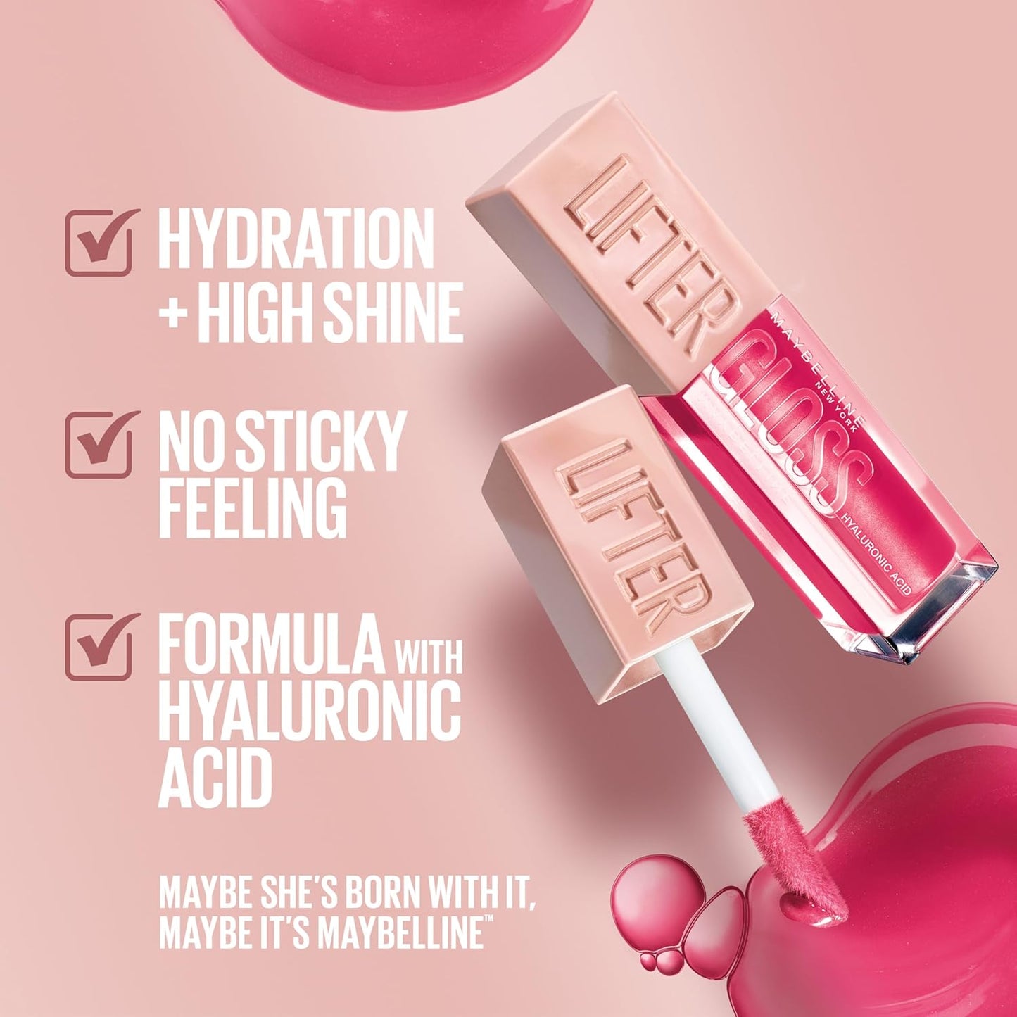 Maybelline New York Lifter Gloss Hydrating Lip Gloss with Hyaluronic Acid, Bubblegum, Sheer Bright Pink, 1 Count