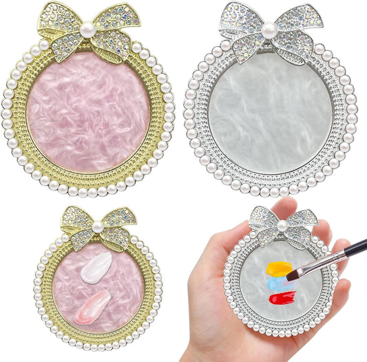 2 Pack Bow with Rhinestones Pearl Nail Art Palette Nail Polish Art Painting Mixing Palette Holder Pearl Edge Professional Cosmetic Nail Art Tools for Women and Girls Nail Polish Display