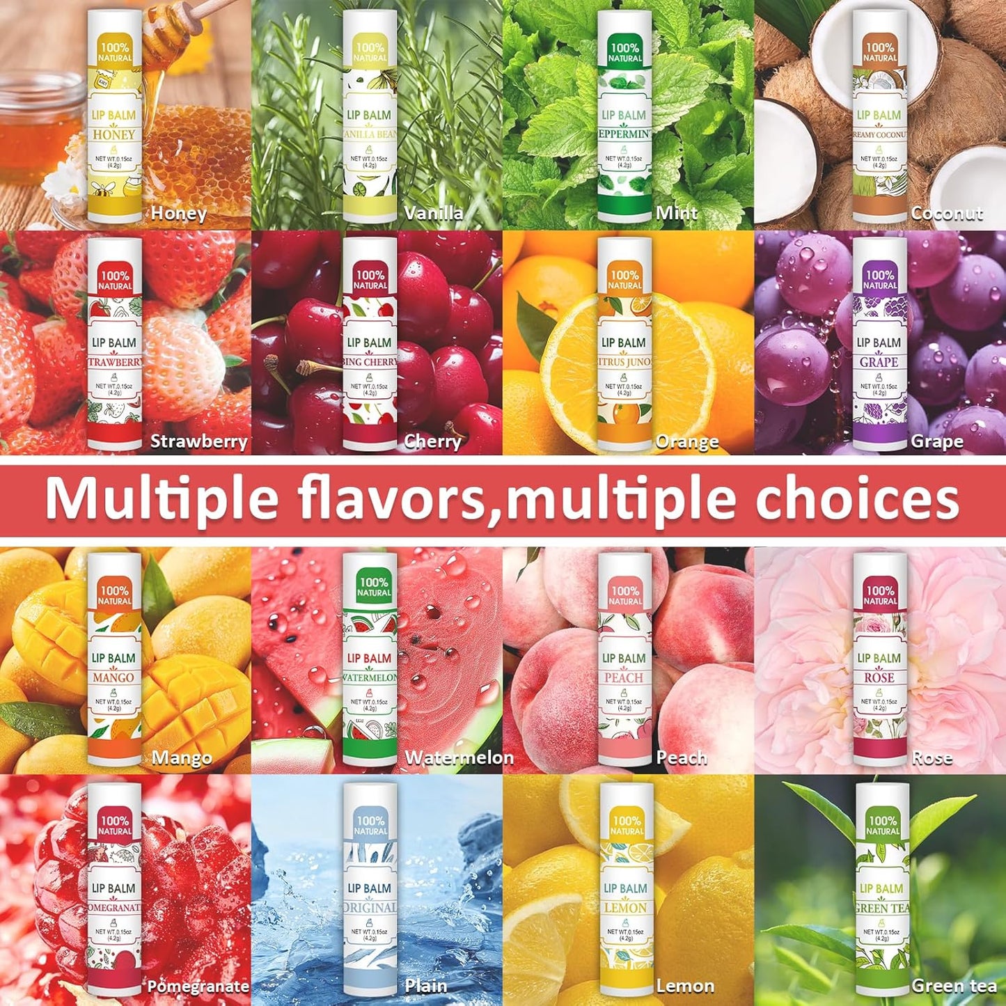 16 Pack Lip Balm, Natural Lip Balm Bulk with Vitamin E and Coconut Oil, Bulk Moisturizing Lip Balms for Dry Lips-16 Flavors